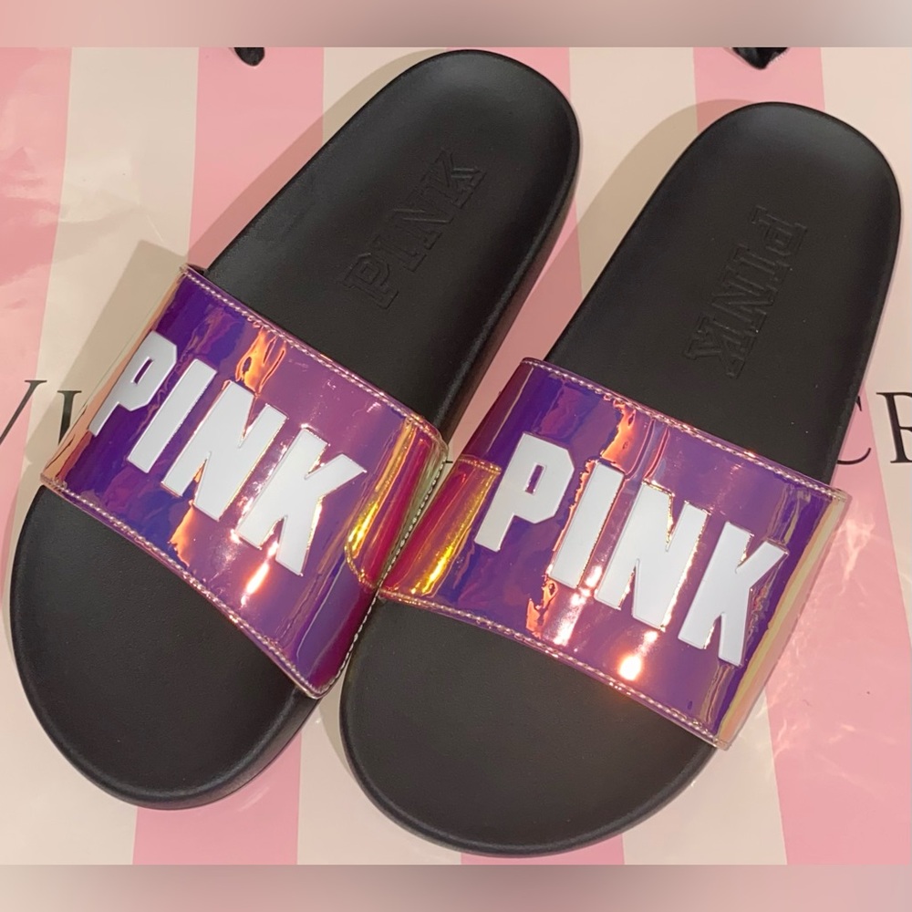Victoria’s Secret PINK slides pink sandals pink metallic holographic iridescent